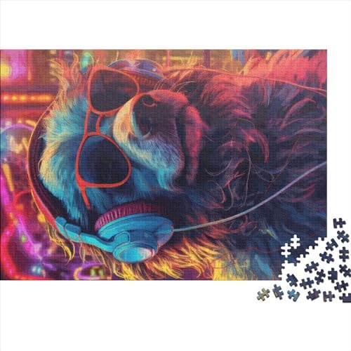 Hund-Kopfhörer-DJ-Musik-Geschenke, große Teile, Puzzle für Erwachsene – Holzpuzzles – Entspannungspuzzlespiele – Denksport-Puzzle, 500 Teile (52 x 38 cm) von BREAUX