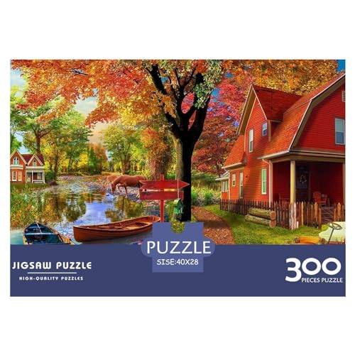 Kreative rechteckige Puzzles für Erwachsene, 300 Teile, Herbstdorf-Holzpuzzle, praktisches Spiel, Familiendekoration, 300 Teile (40 x 28 cm) von BREAUX