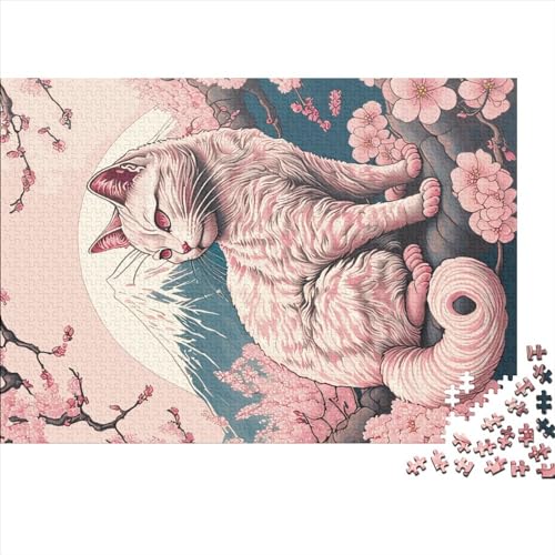Puzzle mit Kirschblüten-Katze, große Teile, kreatives rechteckiges großes Familienpuzzlespiel, Kunstwerk für Erwachsene, 1000 Teile (75 x 50 cm) von BREAUX