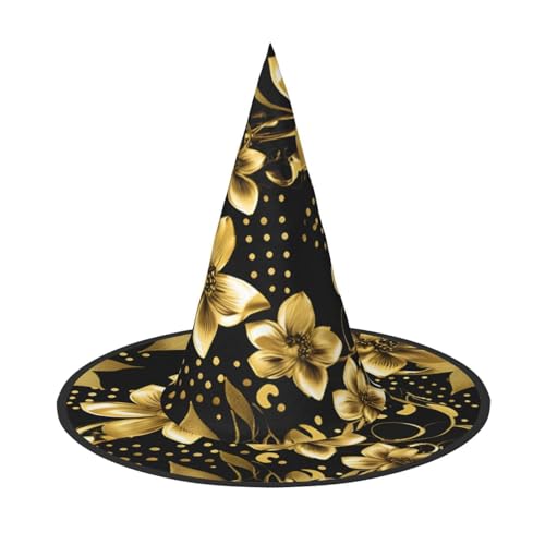 Schwarz-goldener Blumen-Druck, Halloween-Hexen- und Zaubererhut, Hexenkostüm für Themendekoration, Halloween-Party von BREAUX