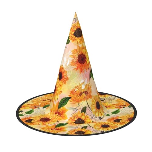 Wunderschöner Sonnenblumen-Druck, Halloween-Hexen- und Zaubererhut, Hexenkostüm für Themendekoration, Halloween-Party Wunderschöner Sonnenblumen-Druck, Halloween-Hexen- und Zaubererhut, Hexenkostüm für Themendekoration, Halloween-Party von BREAUX
