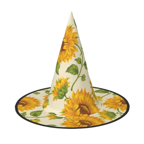 Wunderschöner gelber Sonnenblumen-Druck, Halloween-Hexen- und Zaubererhut, Hexenkostüm für Themendekoration, Halloween-Party von BREAUX