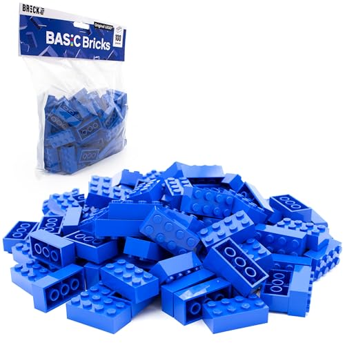 Lego 2x4 Steine Classic, 100 Stück - Einzelne Bausteine in der Großpackung, für Lego Platte und Box, Einsteigerset | Basic Bricks (3001) (Blau) von BRICK Flip