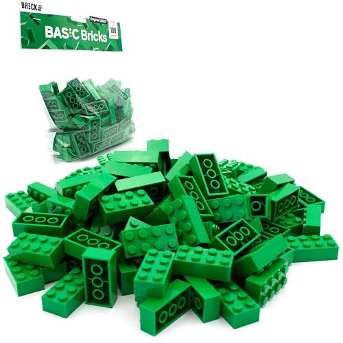Lego 2x4 Steine Classic, 100 Stück - Einzelne Bausteine in der Großpackung, für Lego Platte und Box, Einsteigerset | Basic Bricks (3001) (Grün) von BRICK Flip