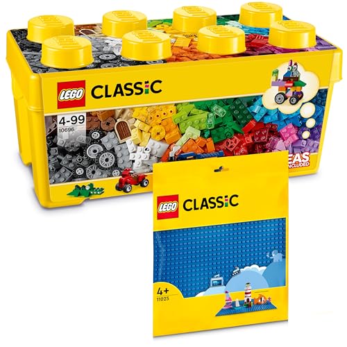 Lego Classic Bausteine Box Mittelgroß + Blaue Platte: Aufbewahrungsboxen & Platten Bundle, Steinebox Mit Bauplatte für Kinder Ab 4 Jahre - Starterset Kombi von BRICK Flip