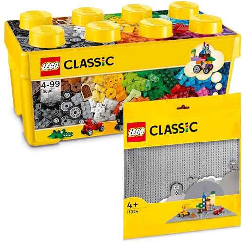 LEGO Classic Bausteine Box Mittelgroß + Graue LEGO Platte (Groß): Aufbewahrungsboxen & LEGO Platten Bundle, Steinebox mit Bauplatte, Bausteine Box und Baseplate für Kinder ab 4 Jahre - LEGO Starterset von BRICK Flip