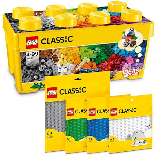 Lego Classic Bausteine Box Mittelgroß + Grüne, Blaue, Weiße & Graue Lego Platte: Aufbewahrungsboxen & Lego Platten Bundle, Steinebox mit 4 Bauplatten, Bausteine Box & Baseplate - Lego Starterset von BRICK Flip