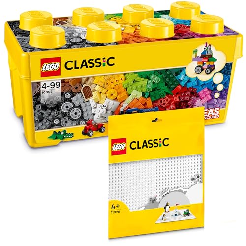 Lego Classic Bausteine Box Mittelgroß + Weiße Platte: Aufbewahrungsboxen & Platten Bundle, Steinebox mit Bauplatte für Kinder ab 4 Jahre - Starterset Kombi von BRICK Flip