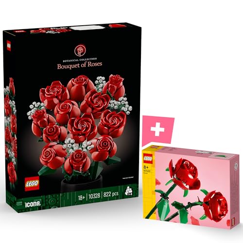 Lego Rosenstrauß & Rosen - Künstliche Blumen aus Klemmbausteine als Zimmer-Deko, Botanical Collection für Erwachsene, Icons, Art, Creator - Blumenstrauß Bundle (10328 & 40460) von BRICK Flip