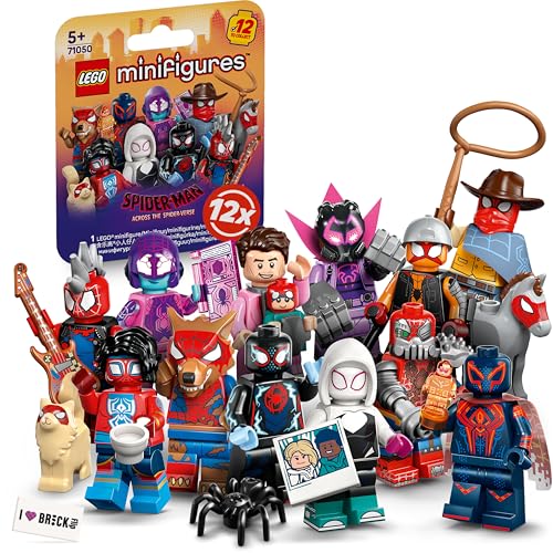 Lego Spiderman Minifiguren Serie mit 12 Spider-Man Figuren: Komplett-Set der Lego Minifiguren Serie 71050 Across The Spider-Verse (inkl. bedruckter Fliese) von BRICK Flip