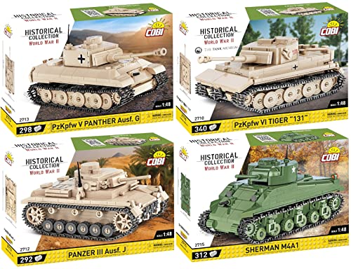 BRICKCOMPLETE COBI 4er Set: 2710 Panzer VI Tiger 131, 2712 Panzer III AUSF. J, 2713 Panzer V Panther AUSF. G & 2715 Sherman M4A1 von BRICKCOMPLETE