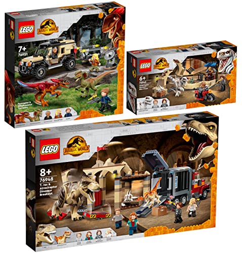 Lego 3er Set: 76951 Pyroraptor & Dilophosaurus Transport, 76948 T. Rex & Atrociraptor: Dinosaurier Ausbruch & 76945 Atrociraptor: Motorradverfolgungsjagd von BRICKCOMPLETE