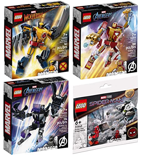 Lego 4er Set: 76202 Wolverine Mech, 76203 Iron Man Mech, 76204 Black Panther Mech & 30443 Spider-Mans Brückenduell von BRICKCOMPLETE