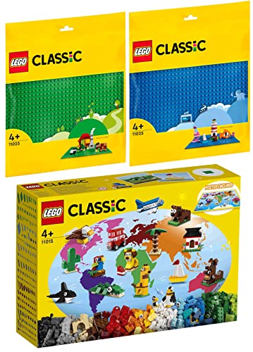 Lego Classic 3er Set: 11015 Einmal um die Welt, 11023 Grüne Bauplatte & 11025 Blaue Bauplatte von BRICKCOMPLETE