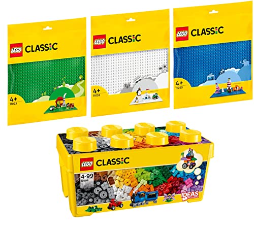 Lego Classic 4er Set: 10696 Mittelgroße Bausteine-Box, 11023 Grüne Bauplatte, 11025 Blaue Bauplatte & 11026 Weiße Bauplatte von BRICKCOMPLETE