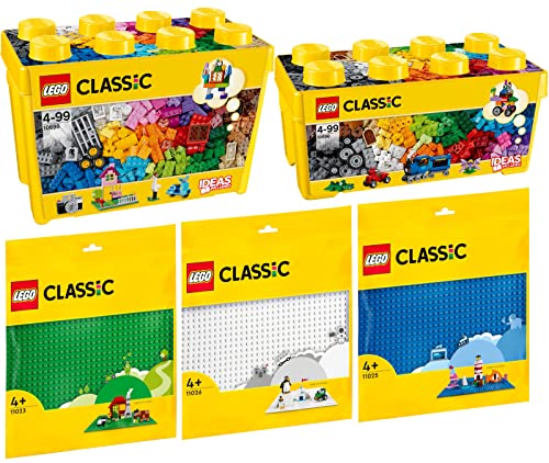 Lego Classic 5er Set: 10696 Mittelgroße Bausteine-Box, 10698 Lego Große Bausteine-Box, 11023 Grüne Bauplatte, 11025 Blaue Bauplatte & 11026 Weiße Bauplatte von BRICKCOMPLETE