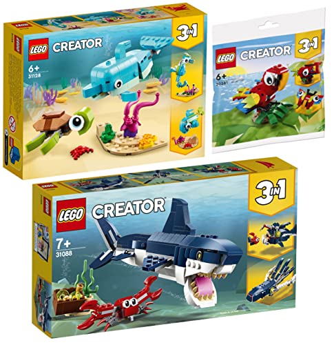 Lego Creator 3er Set: 31088 Bewohner der Tiefsee, 31128 Delfin und Schildkröte & 30581 Tropischer Papagei von BRICKCOMPLETE