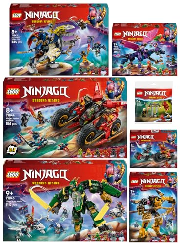LEGO Ninjago 7er Set: 71838 Kais Motorradrennen, 71839 Arins Spinjitzumech, 71842 Rontu der Meisterdrache, 71843 Rogues Mech-Drachenreiter, 71844 Ninja-Actionflitzer, 71845 Lloyds Jet-Mech & 30650 Kai von BRICKCOMPLETE