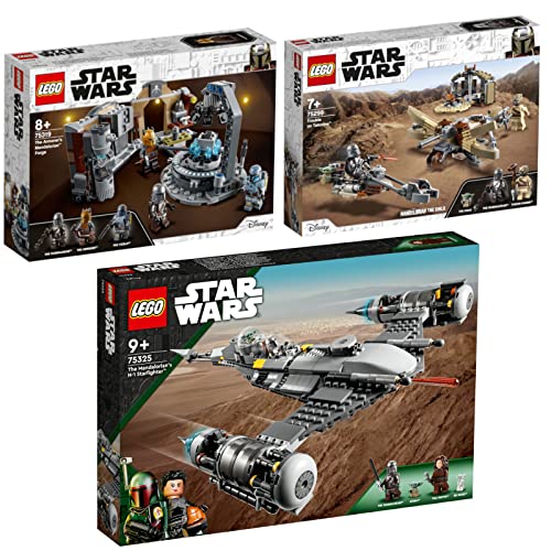 Lego 3er Set: 75325 Der N-1 Starfighter des Mandalorianers, 75319 Die mandalorianische Schmiede der Waffenschmiedin & 75299 Ärger auf Tatooine von BRICKCOMPLETE