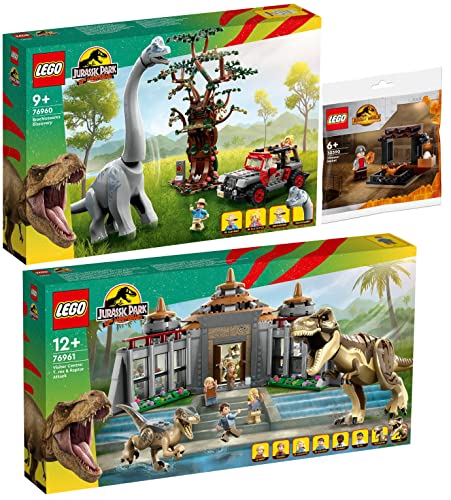 Lego 3er Set: 76960 Entdeckung des Brachiosaurus, 76961 Angriff des T. rex und des Raptors aufs Besucherzentrum & 30390 Dinosaurier-Markt Polybag von BRICKCOMPLETE