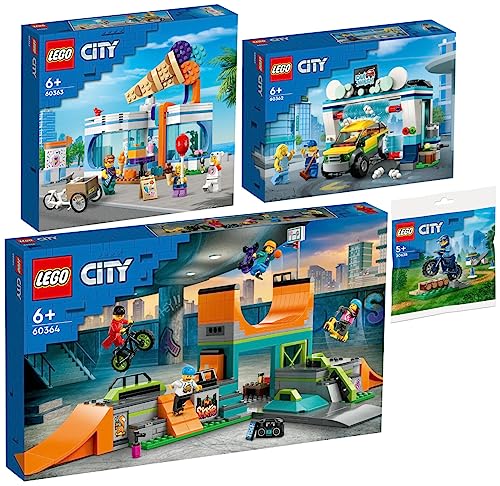 Lego 4er City Set: 60362 Autowaschanlage, 60363 Eisdiele, 60364 Skaterpark & 30638 Fahrradtraining der Polizei von BRICKCOMPLETE