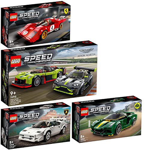 Lego 4er Set: 76906 1970 Ferrari 512 M, 76907 Lotus Evija, 76908 Lamborghini Countach & 76910 Aston Martin Valkyrie AMR Pro & Aston Martin Vantage GT3 von BRICKCOMPLETE