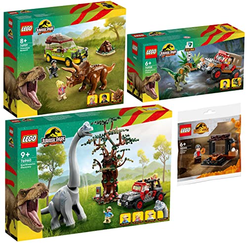 Lego 4er Set: 76958 Hinterhalt des Dilophosaurus, 76959 Triceratops-Forschung, 76960 Entdeckung des Brachiosaurus & 30390 Dinosaurier-Markt Polybag von BRICKCOMPLETE