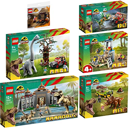 Lego 6er Set: 76957 Flucht des Velociraptors, 76958 Hinterhalt des Dilophosaurus, 76959 Triceratops-Forschung, 76960 Entdeckung des Brachios., 76961 Angriff des T. rex und des Raptors & 30390 Polybag von BRICKCOMPLETE