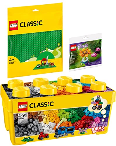 Lego Classic 3er Set: 10696 Lego Mittelgroße Bausteine-Box, 11023 Grüne Bauplatte & 30417 Gartenblume und Schmetterling Polybag von BRICKCOMPLETE