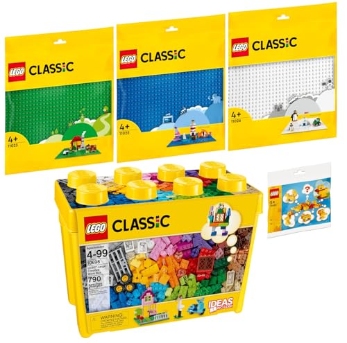 Lego Classic Set: 10698 Große Bausteine-Box, 11023 Grüne Bauplatte, 11025 Blaue Bauplatte, 11026 Weiße Bauplatte & 30403 Freies Bauen: Tiere Du entscheidest! von BRICKCOMPLETE