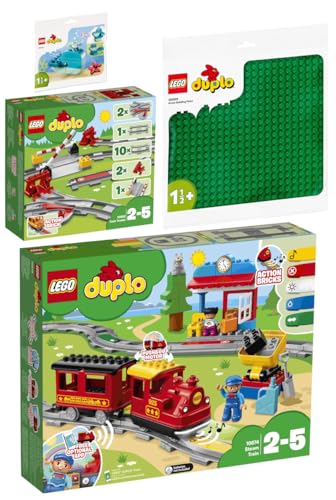 Lego Duplo 4er Set: 10874 Dampfeisenbahn, 10882 Eisenbahn Schienen, 10980 Bauplatte in Grün & 30648 Wal von BRICKCOMPLETE
