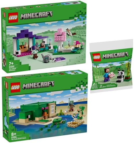 Lego Minecraft Set: 21254 Das Schildkrötenstrandhaus, 21253 Das Tierheim & 30672 Steve mit Baby-Panda von BRICKCOMPLETE