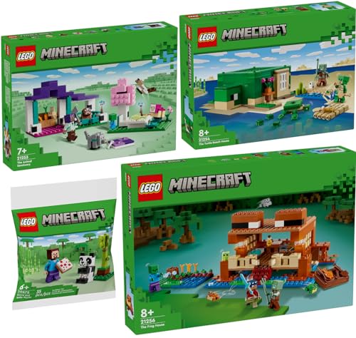 Lego Minecraft Set: 21256 Das Froschhaus, 21254 Das Schildkrötenstrandhaus, 21253 Das Tierheim & 30672 Steve mit Baby-Panda von BRICKCOMPLETE