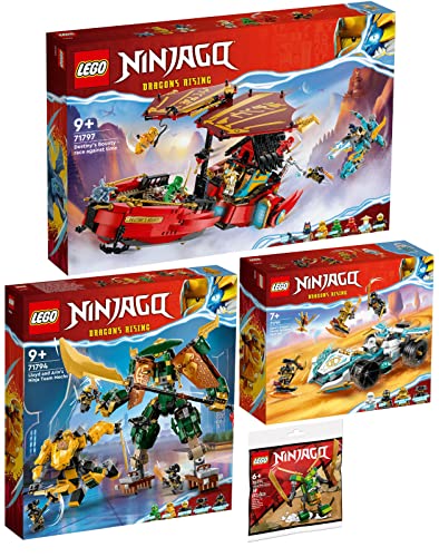 Lego Ninjago 4er Set: 71797 Ninja-Flugsegler im Wettlauf mit der Zeit, 71794 Lloyds und Arins Training-Mechs, 71791 Zanes Drachenpower-Spinjitzu-Rennwagen & Lloyd Suit Mech Polybag von BRICKCOMPLETE