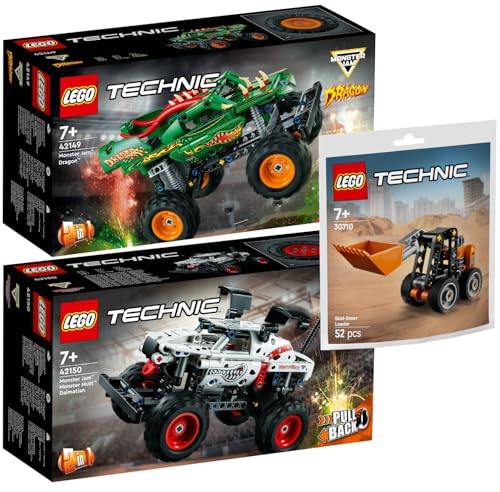 Lego Technic 3er Set: 42149 Monster Jam Dragon, 42150 Monster Jam Monster Mutt Dalmatian & 30655 Gabelstapler mit Palette von BRICKCOMPLETE