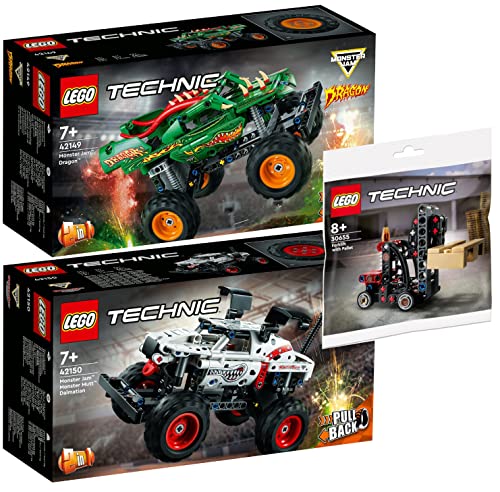 Lego Technic 3er Set: 42149 Monster Jam Dragon, 42150 Monster Jam Monster Mutt Dalmatian & 30655 Gabelstapler mit Palette von BRICKCOMPLETE