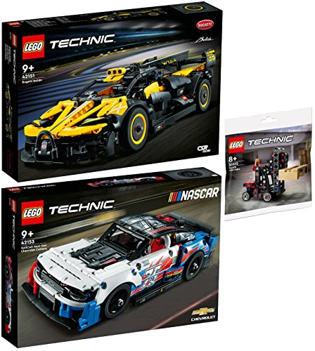 Lego Technic 3er Set: 42151 Bugatti-Bolide, 42153 NASCAR Next Gen Chevrolet Camaro ZL1 & 30655 Gabelstapler mit Palette von BRICKCOMPLETE