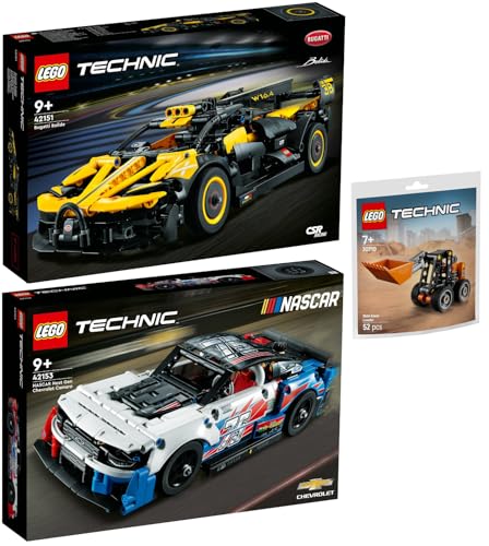 Lego Technic 3er Set: 42151 Bugatti-Bolide, 42153 NASCAR Next Gen Chevrolet Camaro ZL1 & 30710 Kompaktlader von BRICKCOMPLETE