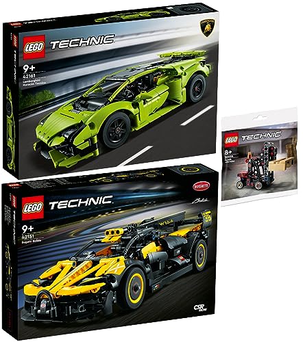 Lego Technic 3er Set: 42161 Lamborghini Huracán Tecnica, 42151 Bugatti-Bolide & 30655 Gabelstapler mit Palette von BRICKCOMPLETE