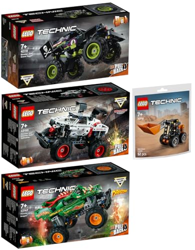 Lego Technic 4er Set: 42118 Monster Jam Grave Digger, 42149 Monster Jam Dragon, 42150 Monster Jam Monster Mutt Dalmatian & 30710 Kompaktlader von BRICKCOMPLETE