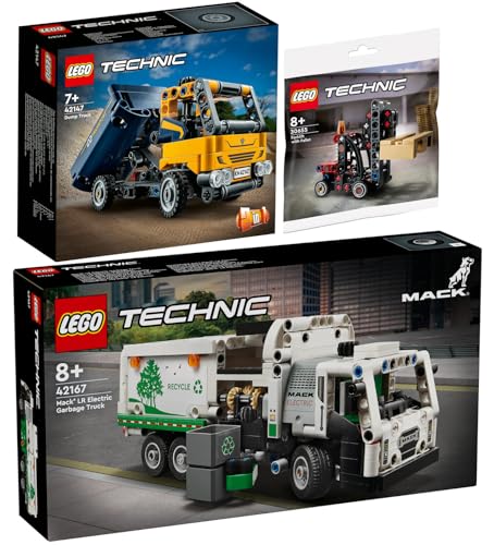Lego Technic Set: 42167 Mack LR E Müllwagen, 42147 Kipplaster & 30655 Gabelstapler mit Palette von BRICKCOMPLETE