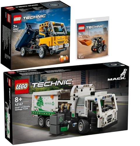 Lego Technic Set: 42167 Mack LR E Müllwagen, 42147 Kipplaster & 30655 Gabelstapler mit Palette von BRICKCOMPLETE