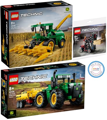Lego Technic Set: 42168 John Deere 9700 Forage Harvester, 42136 John Deere 9620R 4WD Tractor & 30655 Gabelstapler mit Palette von BRICKCOMPLETE