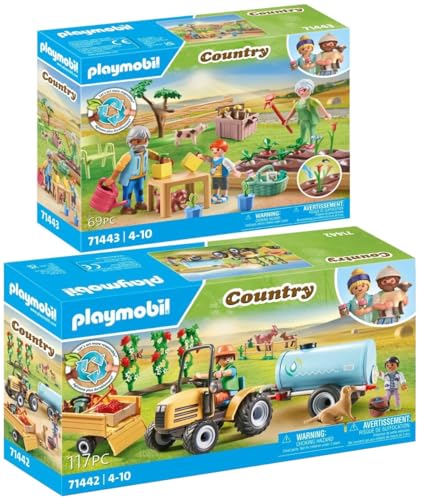 PLAYMOBIL 2er Set: 71442 Traktor mit Anhänger und Wassertank & 71443 Idyllischer Gemüsegarten bei den Großeltern von BRICKCOMPLETE
