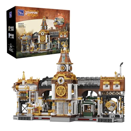 puremind PANTASY Steam Punk Bahnhof Architektur-Bausatz, Steampunk Bahnhofsgebäude-Bausatz, Retro-futuristisches Architekturwunder Baukasten für Erwachsene und Jugendliche von BRICKKK