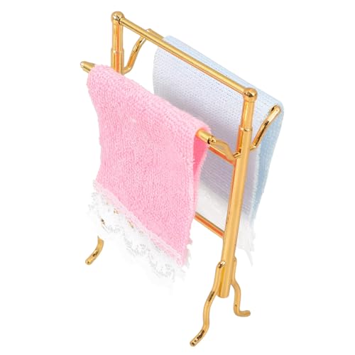 BRIGHTFUFU Miniatur Handtuchhalter Metall mit Mini Handtüchern Filigranes Puppenhaus Badezimmer Zubehör Detailreiches Miniaturregal für Puppenhaus Dekoration Leichtes Modell für Mini Haus von BRIGHTFUFU