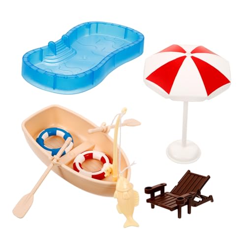 BRIGHTFUFU Miniatur Puppenhaus Schwimmbecken mit Strandstuhl und Boot Detailgetreue Mikro Landschaft Pool Möbel Glatte Oberfläche Sicher und Langlebig für Realistische Puppenhaus Dekoration von BRIGHTFUFU