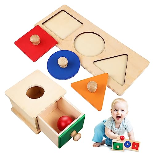 BRIGHTFUFU Montessori Holzspielzeug Ballwurfbox und Dreifarbige Geometrieformen Motorikspielzeug für Kleinkinder Feinmotorik und Objektpermanenz Sicheres Lernspielzeug Geschenkset von BRIGHTFUFU