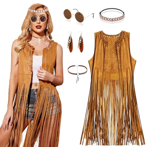 Hippie Kostüm Damen Poncho Fasching Kleidung Set 60er 70er Jahre Outfit Western Faschingskostüme Fransenweste Festival Kleid Cowboy Kostüm Accessoires von BRIMOREA