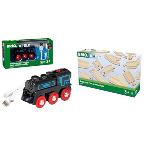 BRIO 33599 - Akku Lok mit Mini USB, bunt & Bahn 33402 - Mittleres Schienensortiment Mehrfarbig von BRIO